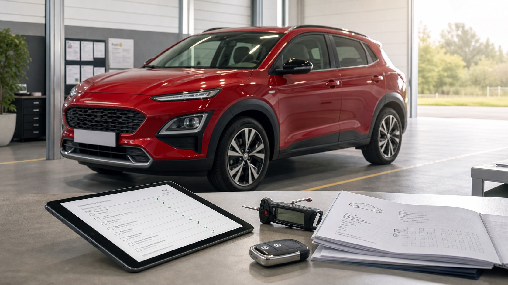 Rotes Kompakt-SUV mit blankem Kennzeichen in heller Prüfhalle, Tablet, Schlüssel und Unterlagen im Vordergrund