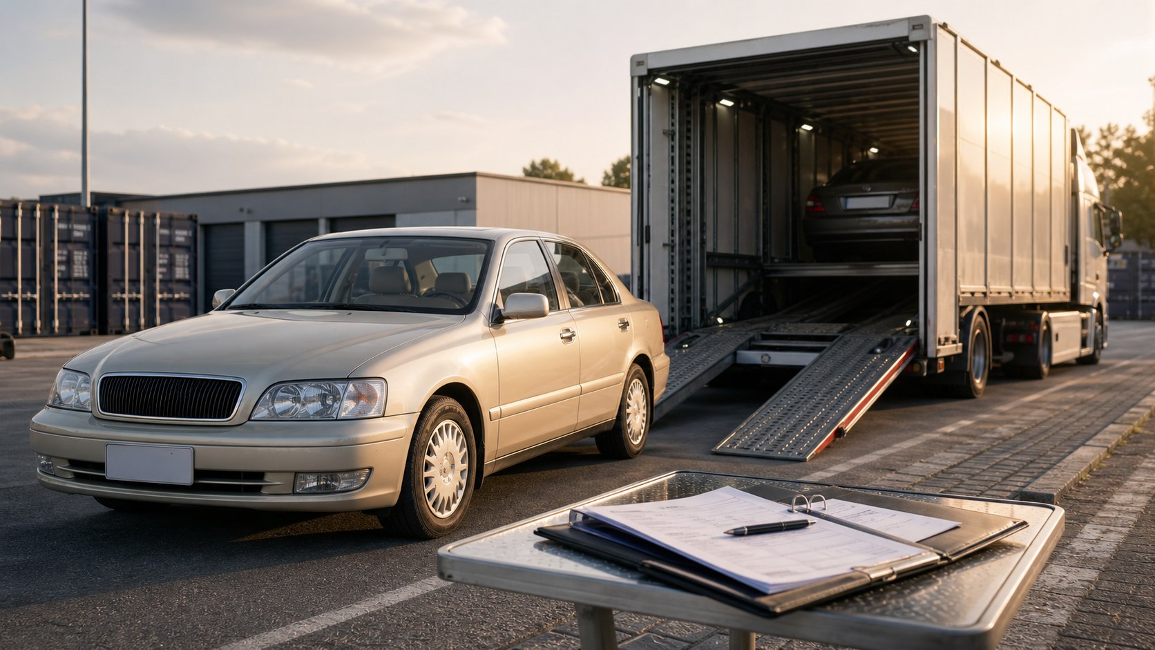 Champagnefarbene ältere Limousine mit blankem Kennzeichen vor geschlossenem Fahrzeugtransporter und Unterlagen