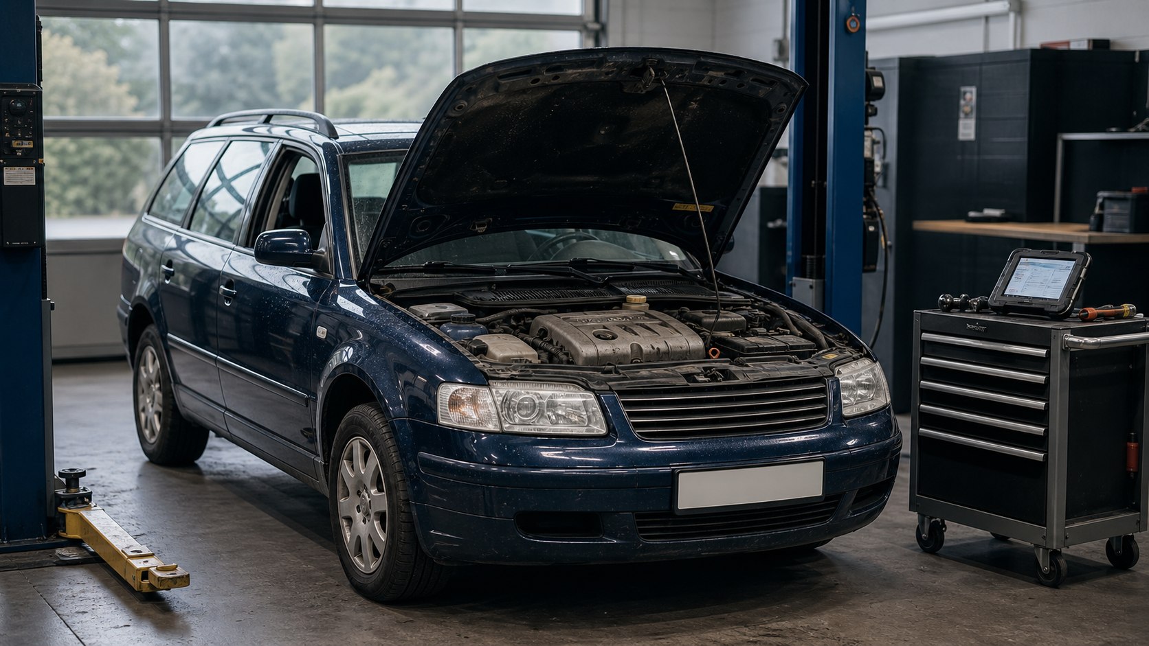 Älterer blauer Kombi mit geöffneter Motorhaube in sauberer Werkstatt zur technischen Prüfung